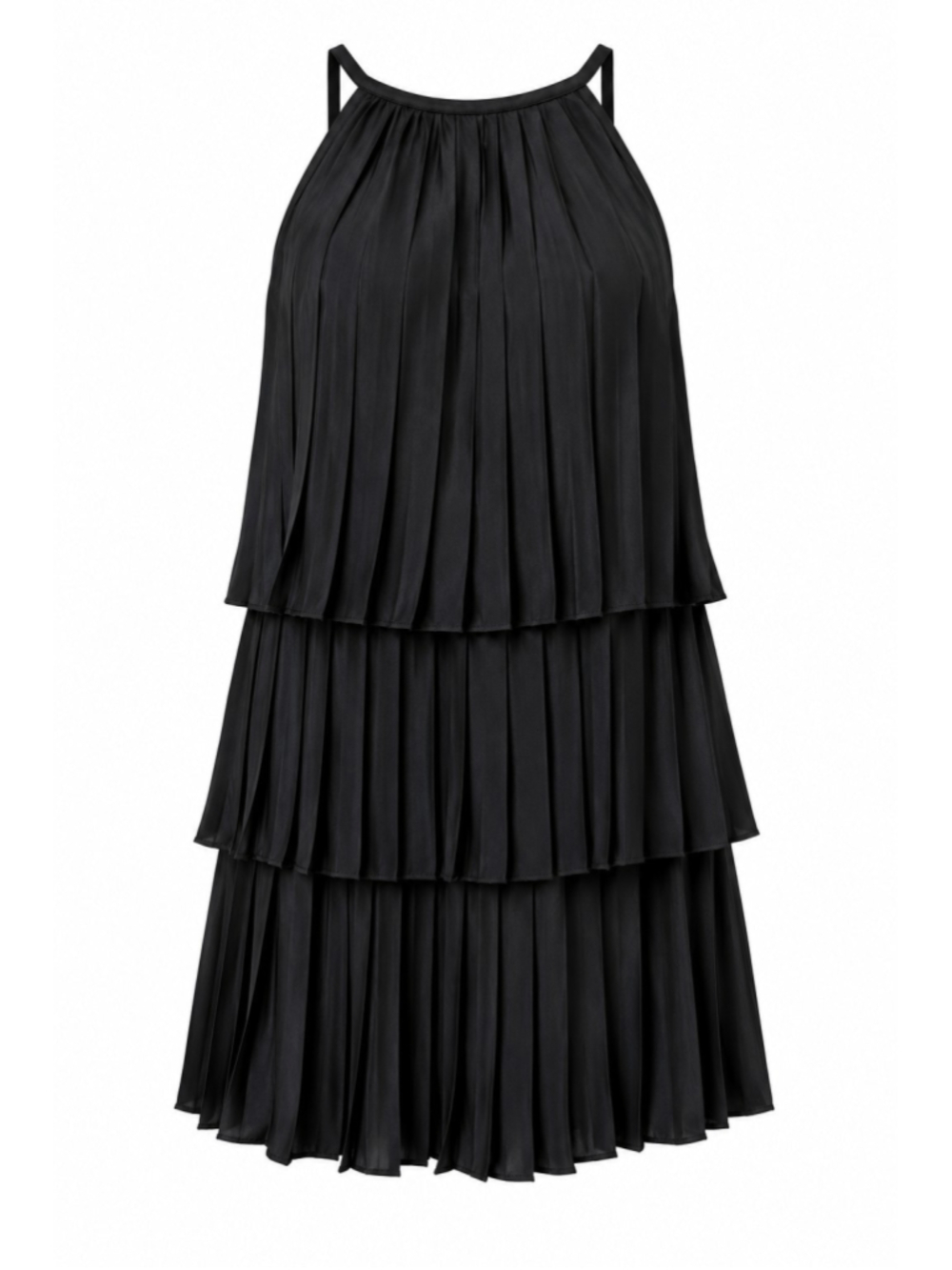 Bohme Black Pleated Tiered Silky Halter Dress Sz L Cocktail Party Wedding Guest